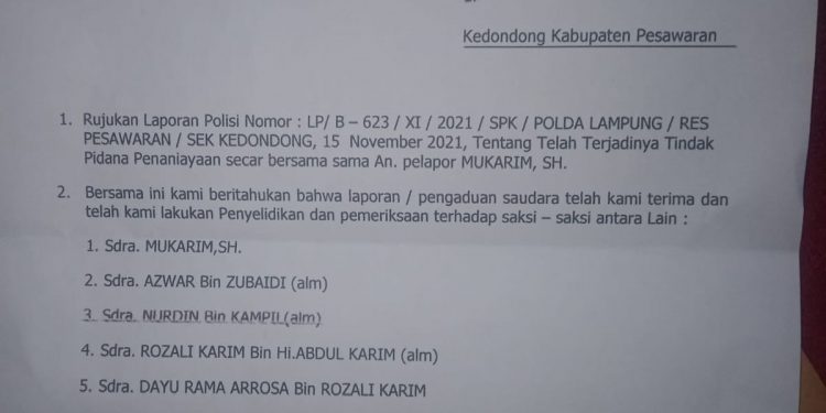 Pelapor Mukarim SH  terima SP2HP Ke-2 tentang  Dugaan Tindak Pidana Penganiayaan secara bersama-sama