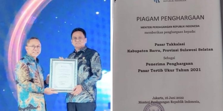 Bupati Barru Menerima Penghargaan Pasar Tertib Ukur dan Perlindungan Konsumen Secara Nasional di Samarinda