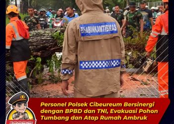 Personel Polsek Cibeureum Bersinergi dengan BPBD dan TNI, Evakuasi Pohon Tumbang dan Atap Rumah Warga yang Ambruk