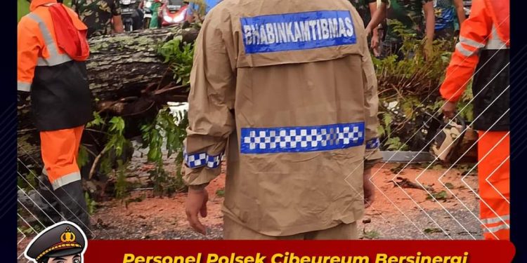 Personel Polsek Cibeureum Bersinergi dengan BPBD dan TNI, Evakuasi Pohon Tumbang dan Atap Rumah Warga yang Ambruk