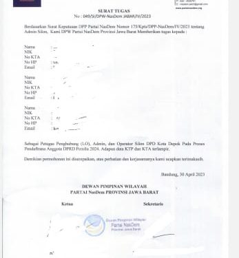 Sekertariat DPW Nasdem Jawa Barat Ceroboh, Pada Sistem Administrasi