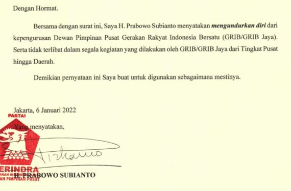 Prabowo Subianto Resmi Mundur dari Keanggotaan dan Kepengurusan GRIB Jaya, Sejak Januari 2022