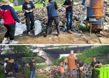 Kades Margajaya, Turun Langsung ke Lokasi Tumpukan Sampah yang Dibuang Warga Tak Beradab !! Gotong – royong Membersihkan Sampah di Bawah Jembatan Tol
