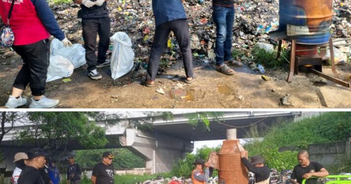 Kades Margajaya, Turun Langsung ke Lokasi Tumpukan Sampah yang Dibuang Warga Tak Beradab !! Gotong – royong Membersihkan Sampah di Bawah Jembatan Tol